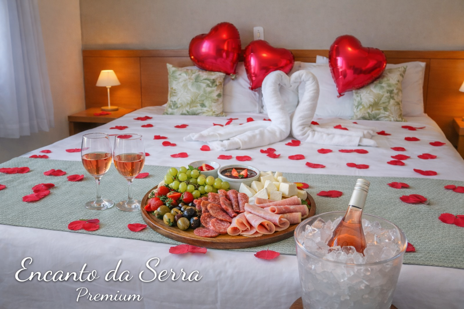 Decoração Encanto da Serra Premium na nossa pousada em Campos do Jordão com tábua de frios, ganache de chocolate, frutas, pétalas de rosas e balões vermelhos em formato de coração